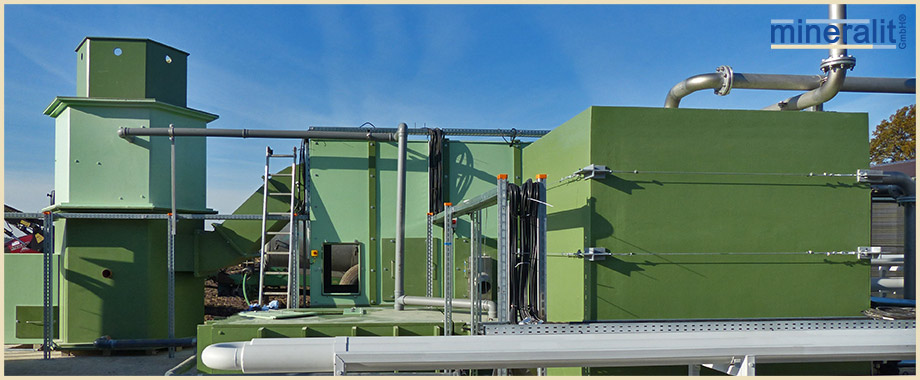 Anlage aus Polymerbeton Plattenelementen zur Trocknung von Gärresten
