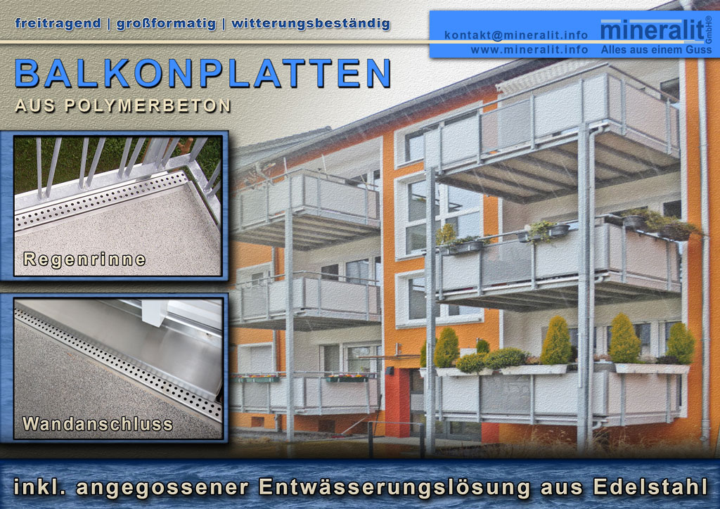 Balkonanlage mit Plattenelementen und angegossener Regenrinne