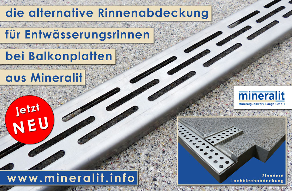 Alternative Rinnenabdeckung für unsere Entwässerungslösungen bei freitragenden Balkonplatten aus Mineralit